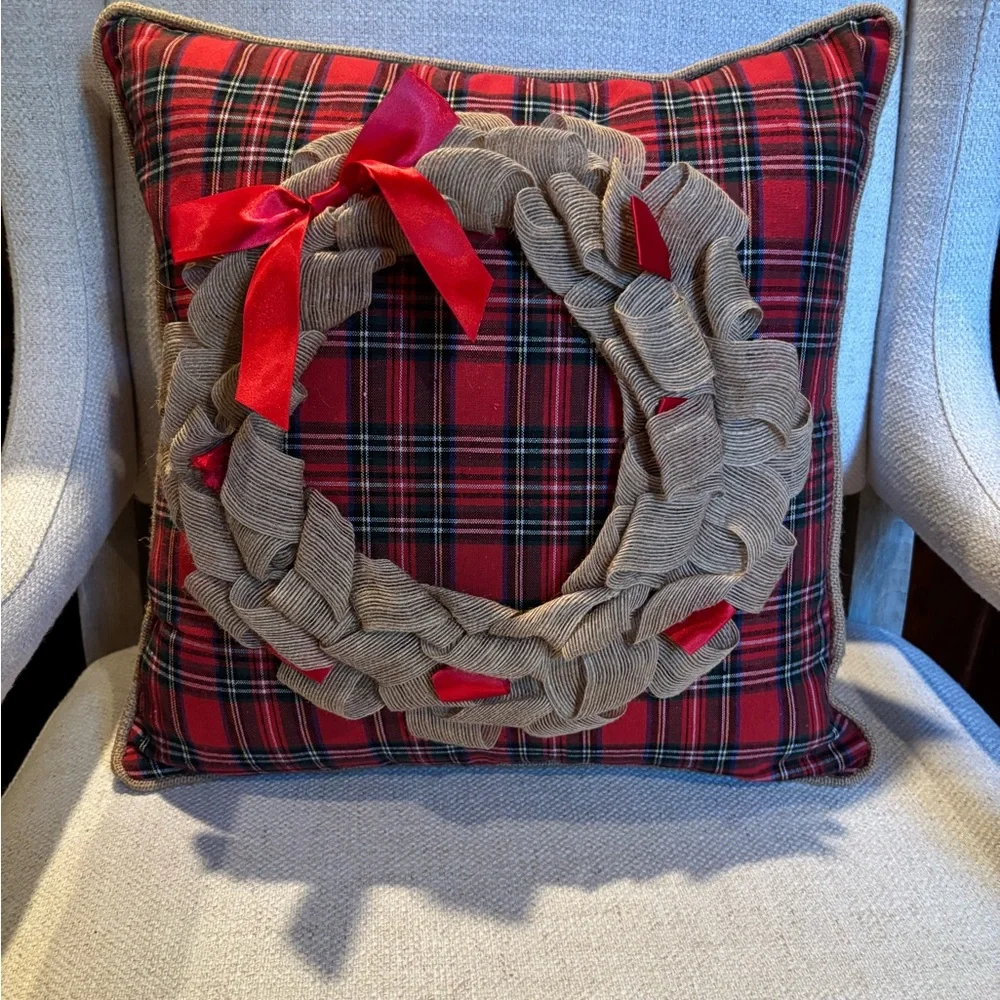 Tartan Plaid Christmas Pillow cover with Textured Burlap Wreath
